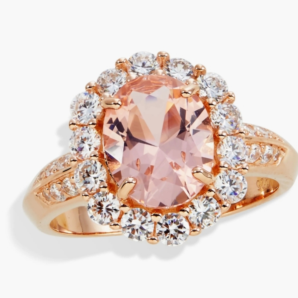 18K Rose Gold Plated Sterling Silver, Morganite & CZ Ring Savvy Cie Size 6